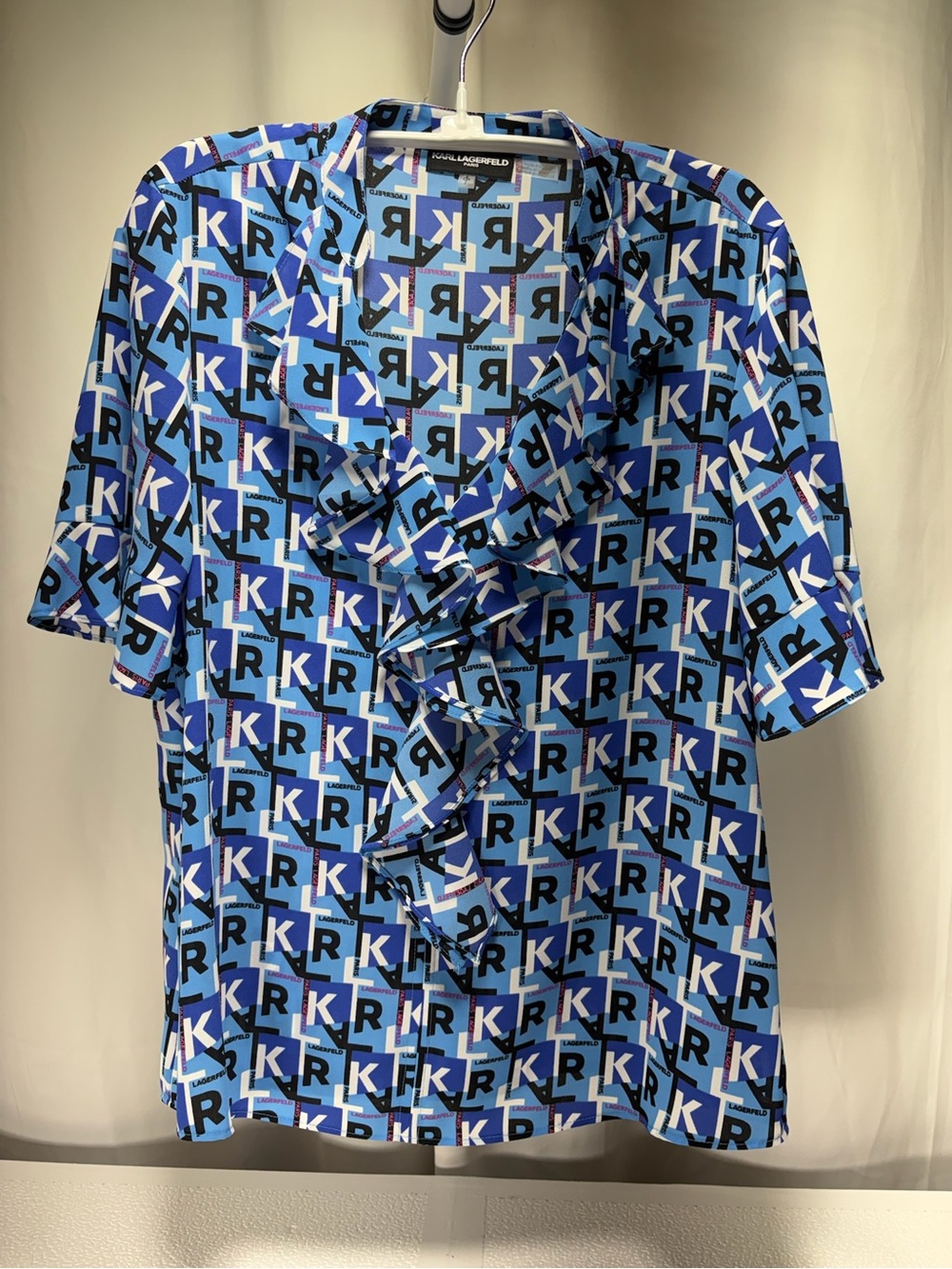 Karl Lagerfeld Blue and White Monogram Ruffle Polo 4506